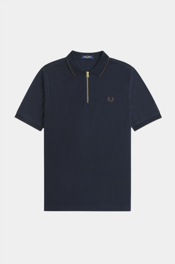 Fred Perry Crepe Pique Zip Neck Polo-Shirt - Navy