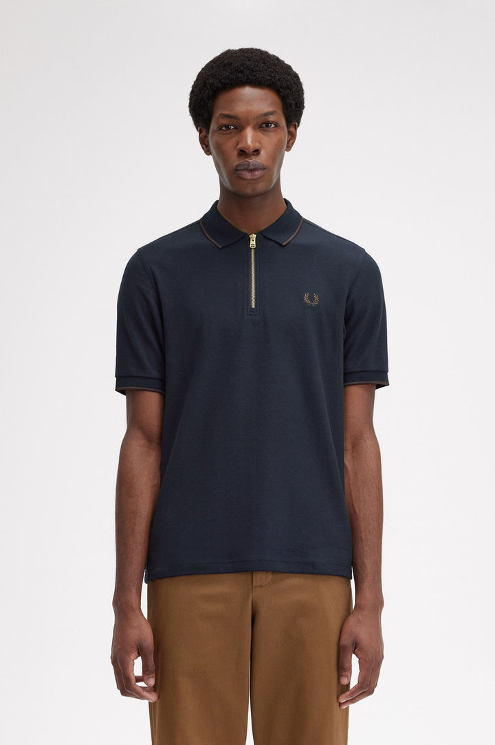 Fred Perry Crepe Pique Zip Neck Polo-Shirt - Navy