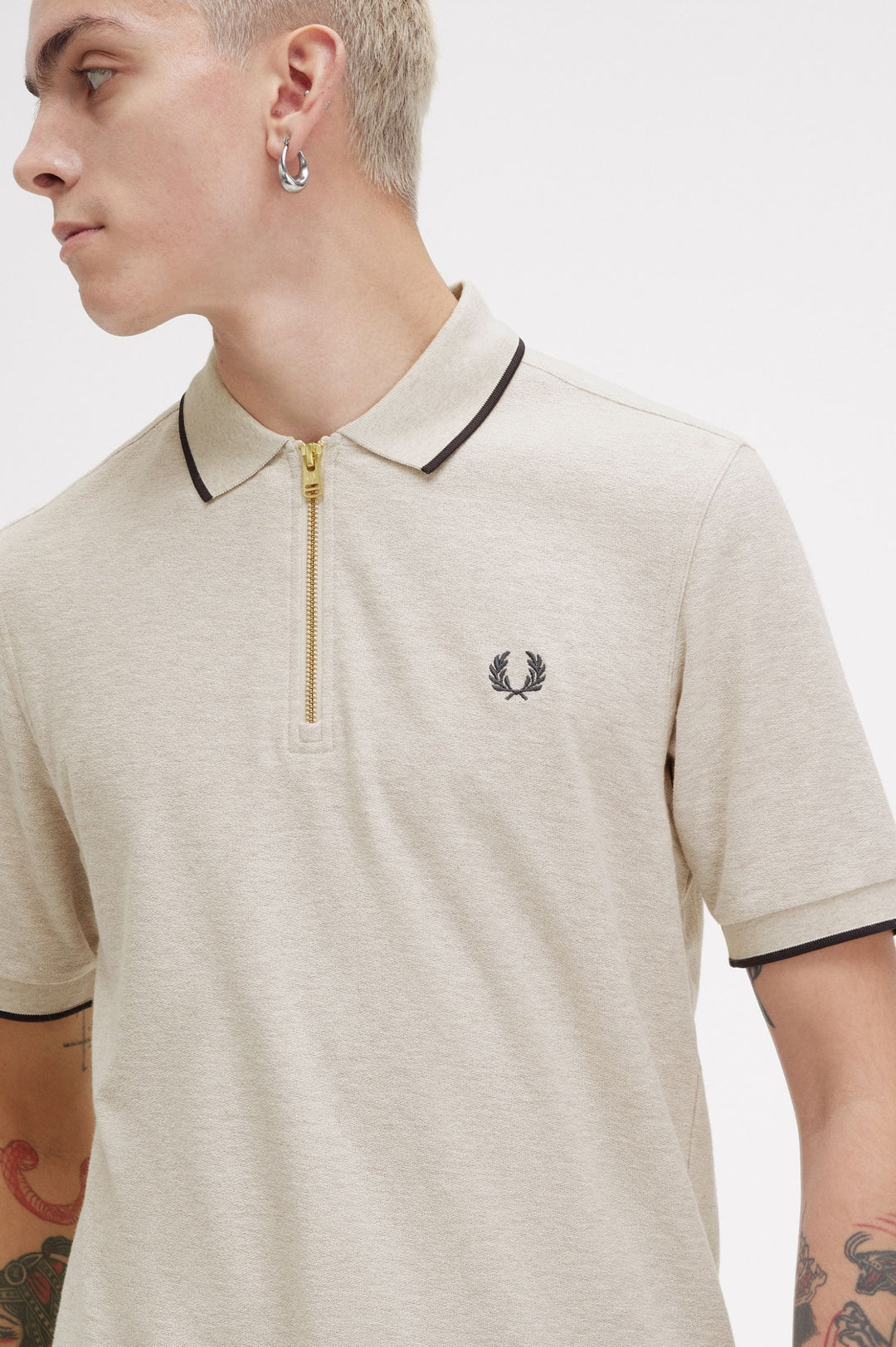 Fred Perry Crepe Pique Zip Neck Polo-Shirt - Porridge Marl