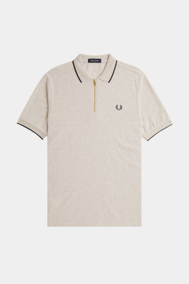 Fred Perry Crepe Pique Zip Neck Polo-Shirt - Porridge Marl