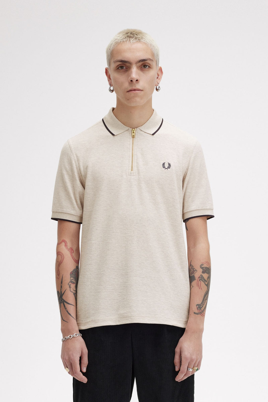 Fred Perry Crepe Pique Zip Neck Polo-Shirt - Porridge Marl