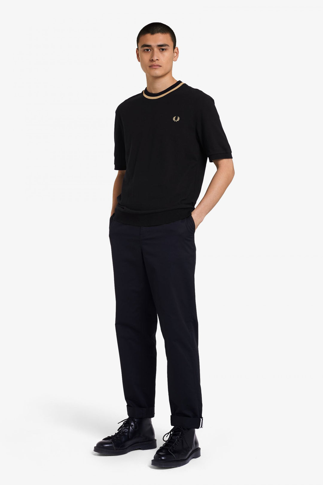 Fred Perry Reissues Crew Neck Pique T-Shirt - Black/Champagne