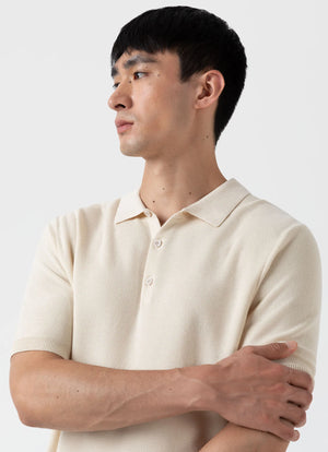Short-sleeve knit Polo in milky white